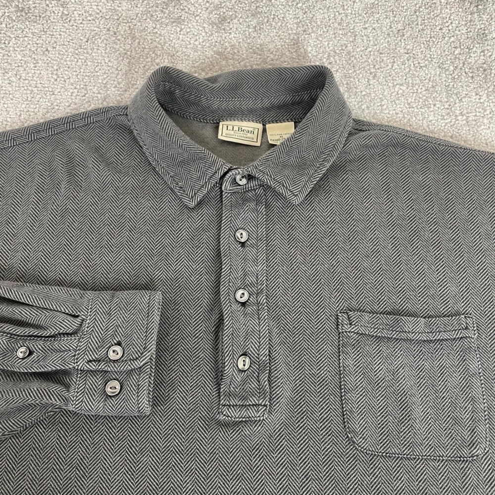 LL Bean Polo Shirt Mens Extra Large Pima Cotton Herringbone Long‎ Sleeve Grey